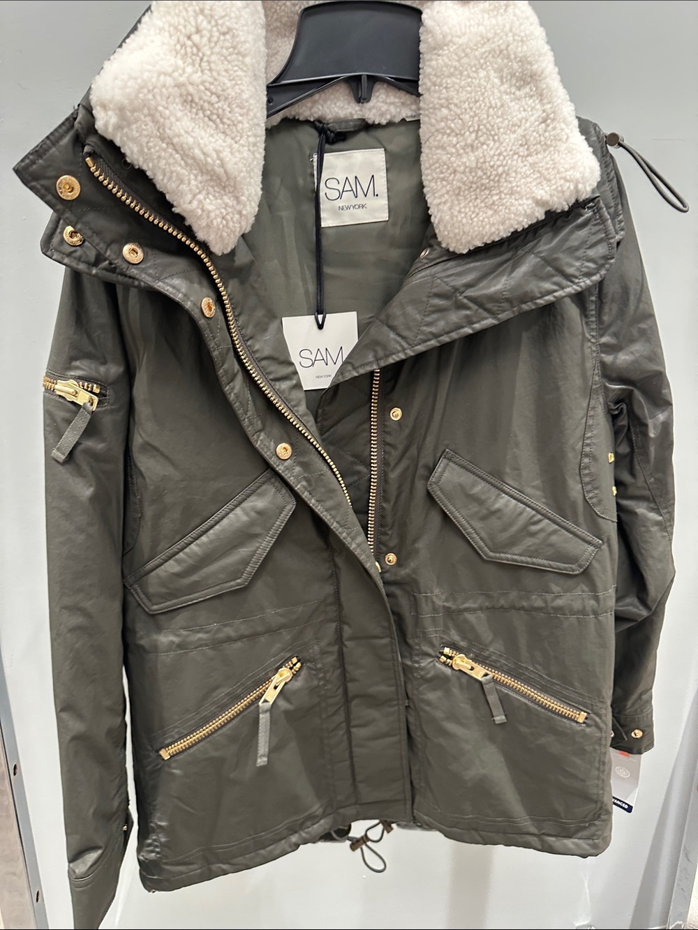 SAM. Olive Green Utility Jacket with Cream Sherpa Collar